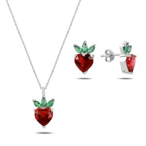 S100190-Strawberry-Heart-CZ-Set-925-Silver-Cubic-Zirconia